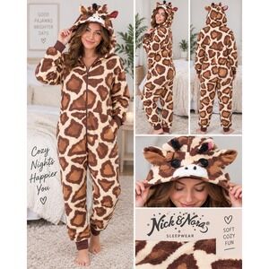 Nick & Nora Sleepwear Giraffe Animal Print Fleece Hooded Union Suit Small